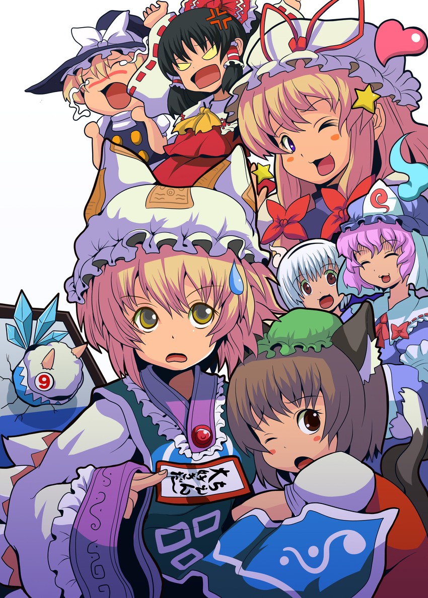 hakurei reimu, kirisame marisa, konpaku youmu, cirno, yakumo yukari, and 3 more (touhou) drawn by ryuno