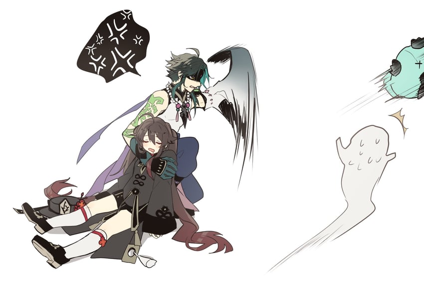 hu tao, xiao, and boo tao (genshin impact) drawn by hoshiyui_tsukino