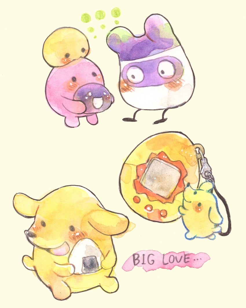 marutchi, pochitchi, tamatchi, maskutchi, and babytchi (tamagotchi) drawn by shuragi