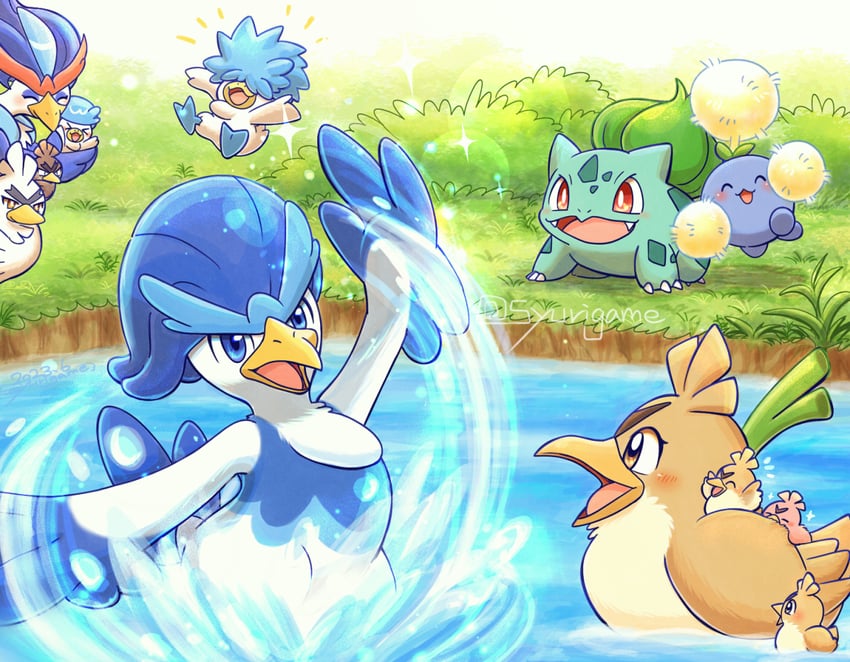 bulbasaur, quaxly, sirfetch'd, jumpluff, farfetch'd, and 3 more (pokemon) drawn by shuri_(syurigame)