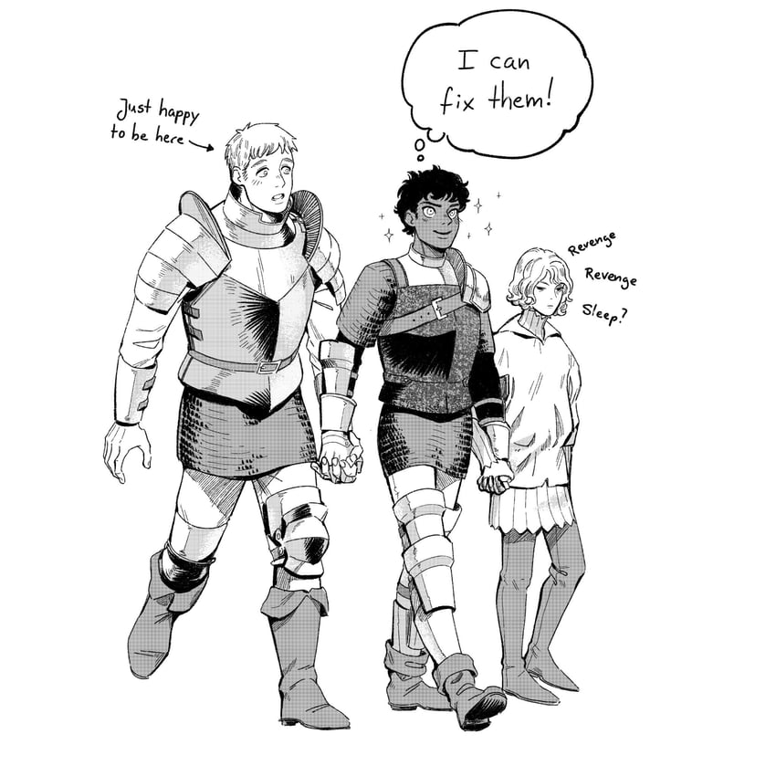 laios touden, mithrun, and kabru (dungeon meshi) drawn by pearl_seemann