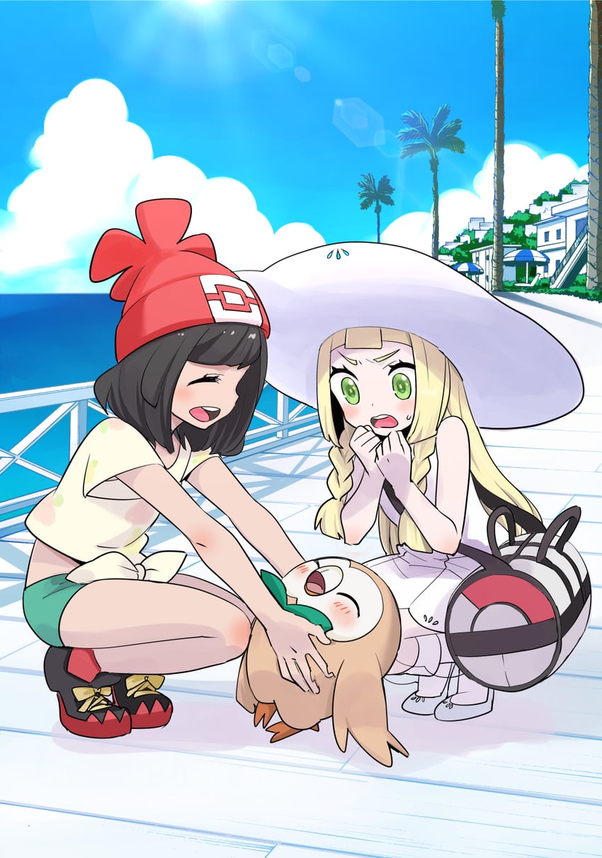 lillie, selene, and rowlet (pokemon and 1 more) drawn by ooshima_tomo