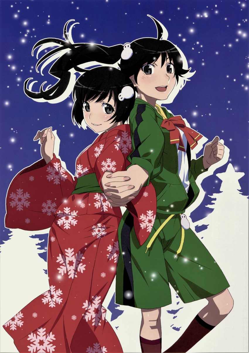 araragi karen and araragi tsukihi (monogatari and 2 more) drawn by watanabe_akio