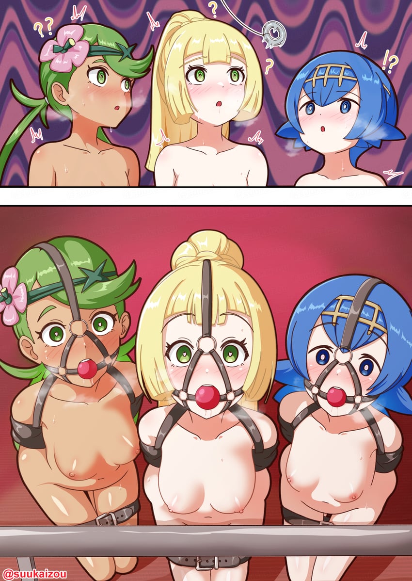 lillie, lana, and mallow (pokemon and 1 more) drawn by oyu_(suukaizou)