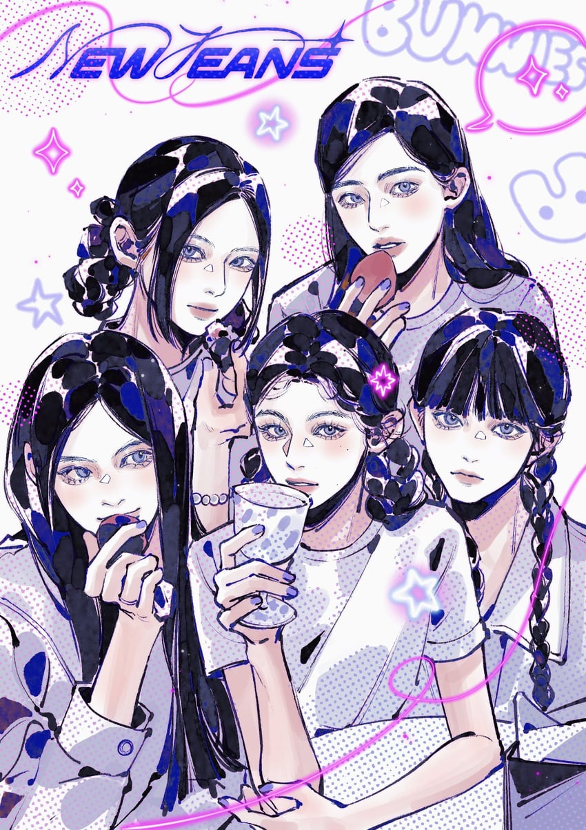 haerin, hanni, minji, hyein, and danielle (real life and 1 more) drawn by yuanwei_shaoya