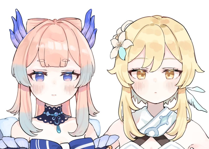 lumine and sangonomiya kokomi (genshin impact) drawn by shijimi_kozou