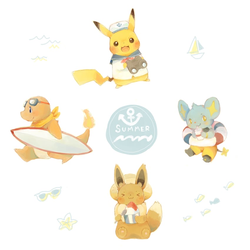 pikachu, eevee, charmander, and shinx (pokemon) drawn by fumika_(chako_sirokuma)