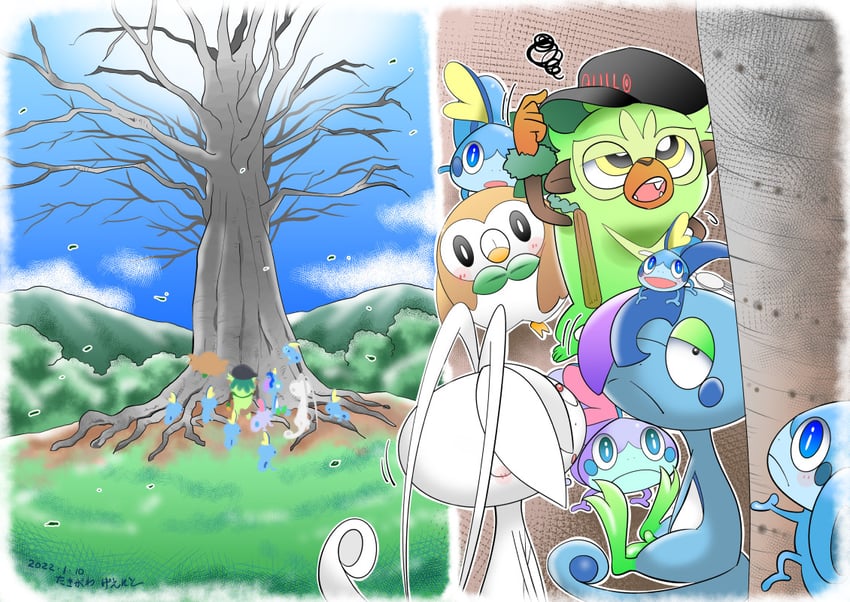 rowlet, sobble, drizzile, and thwackey (pokemon) drawn by takigawa_geenito
