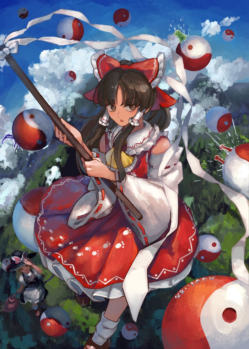 hakurei reimu, kirisame marisa, otter spirit, and wolf spirit (touhou and 1 more) drawn by nanaironokabi