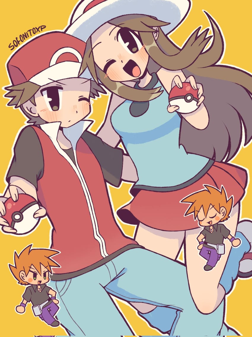 red, blue oak, and leaf (pokemon and 1 more) drawn by sofo_soup