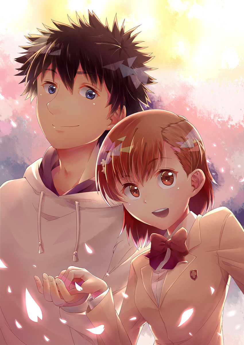 misaka mikoto and kamijou touma (toaru majutsu no index and 1 more) drawn by tobe!