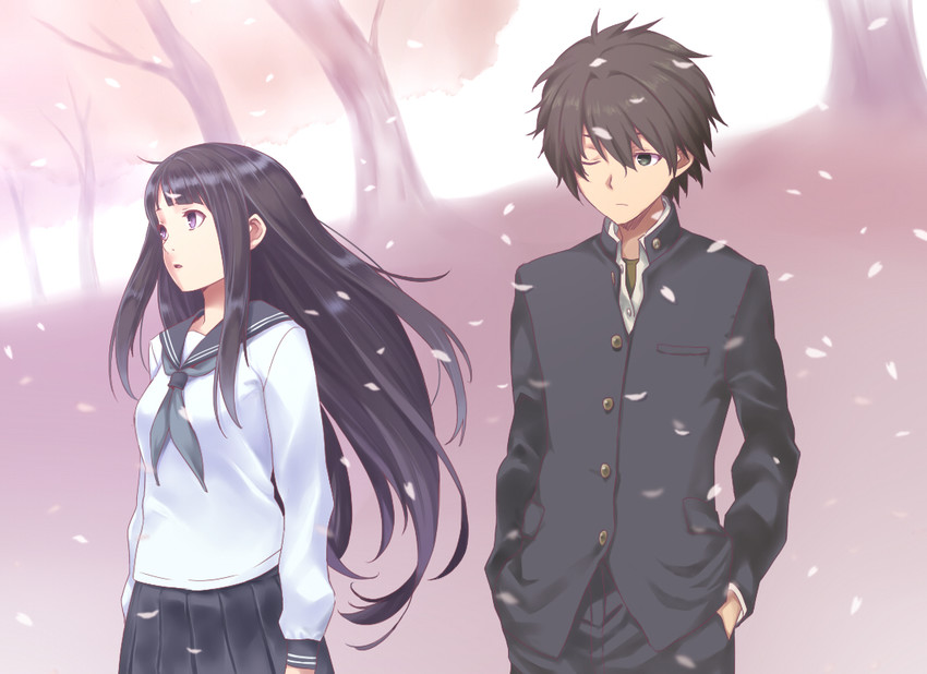 chitanda eru and oreki houtarou (hyouka) drawn by needle_(needlebomb)