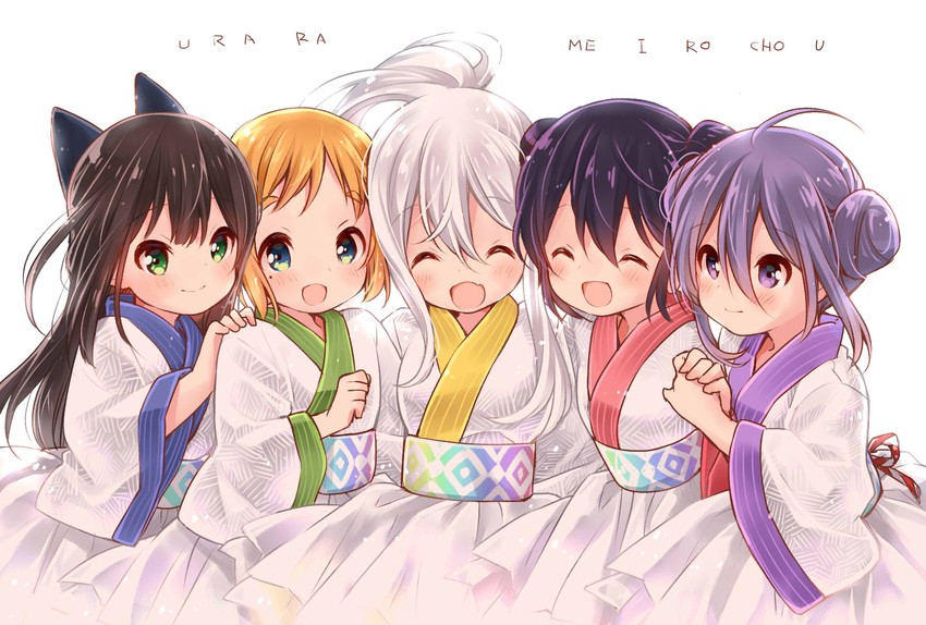 chiya, tatsumi kon, yukimi koume, natsume nono, and nijou omi (urara meirochou) drawn by uchino_maiko