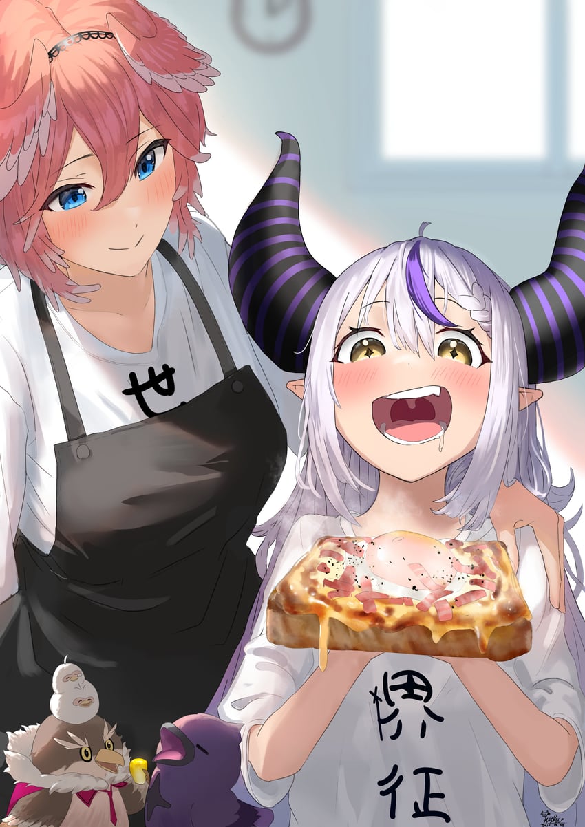 la+ darknesss, takane lui, crow, ganmo, tsukune, and 1 more (hololive) drawn by nanaushi