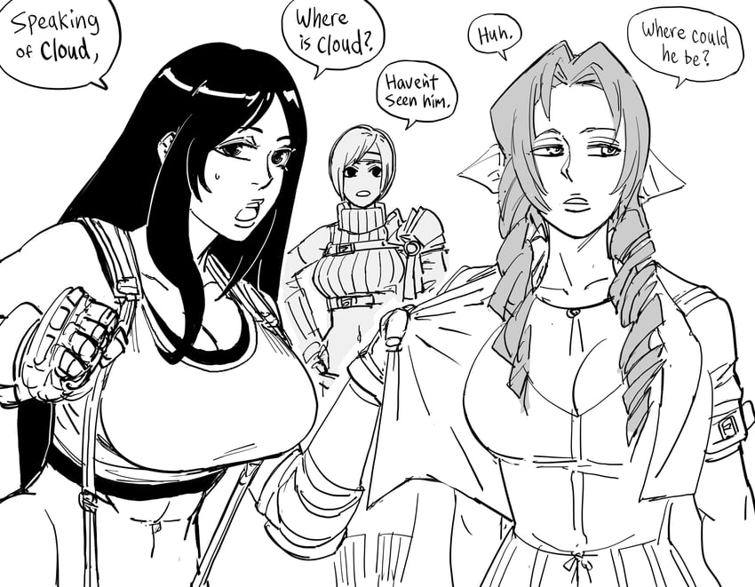 tifa lockhart, aerith gainsborough, and yuffie kisaragi (final fantasy and 2 more) drawn by bb_(baalbuddy)