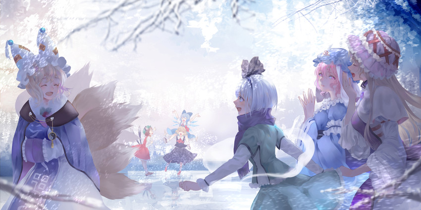konpaku youmu, cirno, yakumo yukari, saigyouji yuyuko, yakumo ran, and 2 more (touhou) drawn by jyuui