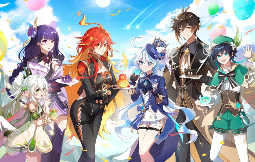 raiden shogun, furina, nahida, zhongli, venti, and 2 more (genshin impact) drawn by yimi_(jwee7342)