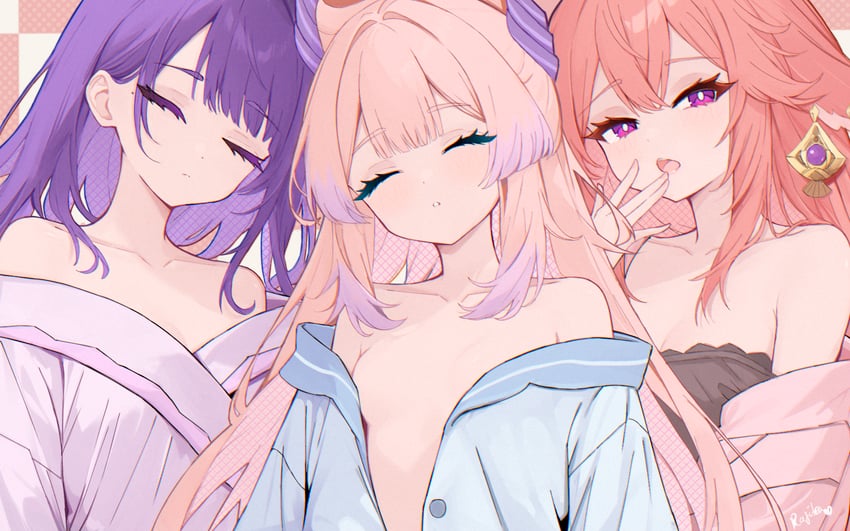raiden shogun, yae miko, and sangonomiya kokomi (genshin impact) drawn by rafi_(rafitea)