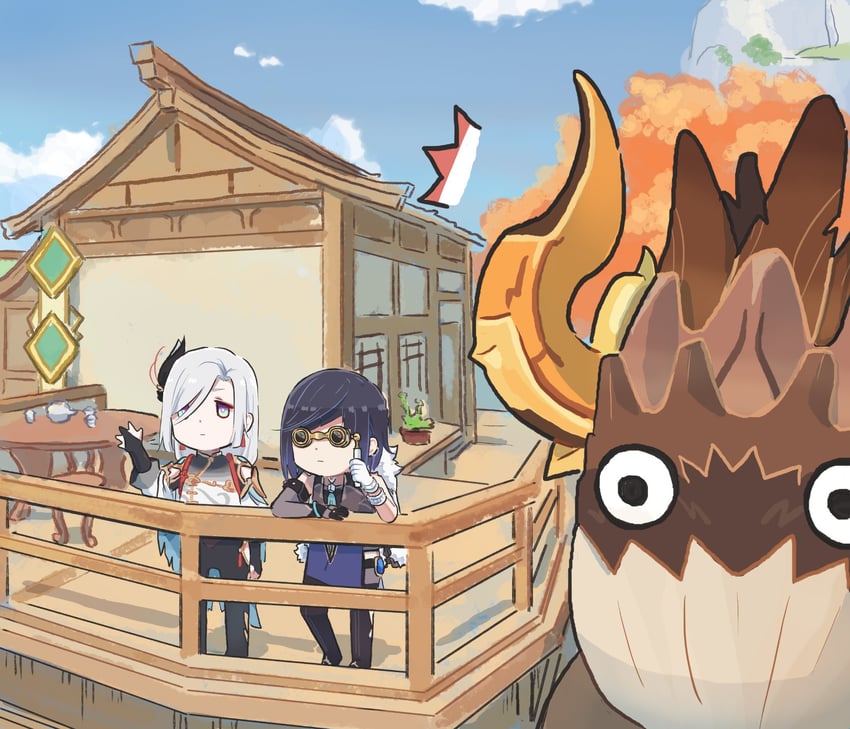 shenhe, yelan, and azhdaha (genshin impact) drawn by xinzoruo