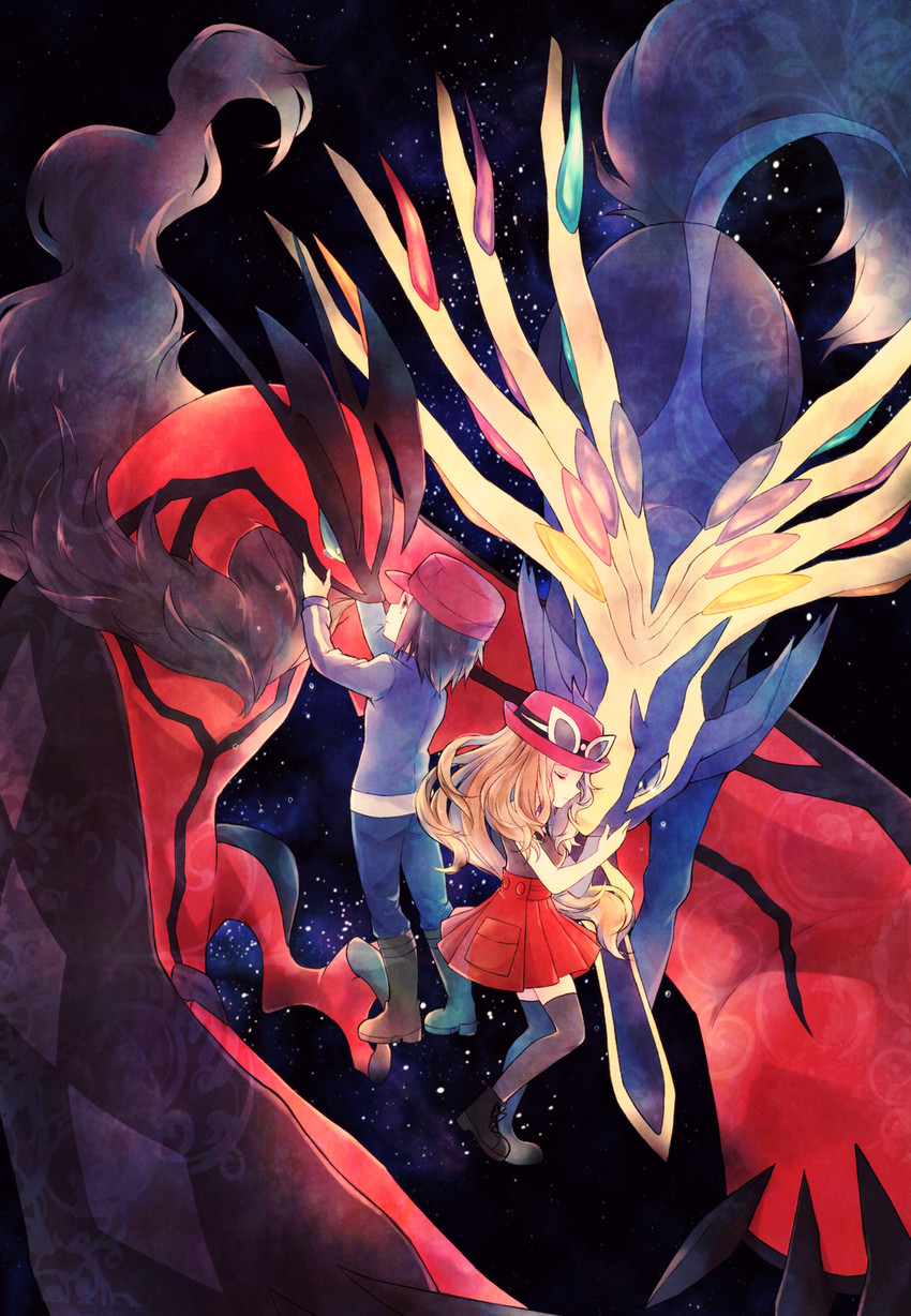 serena, calem, yveltal, and xerneas (pokemon and 1 more) drawn by kabocha_torute