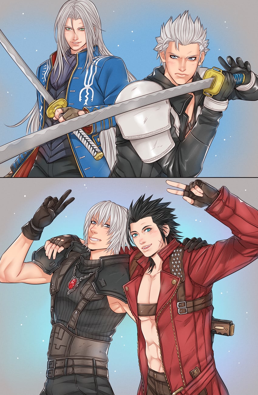 sephiroth, dante, zack fair, and vergil (final fantasy and 3 more) drawn by crylin6