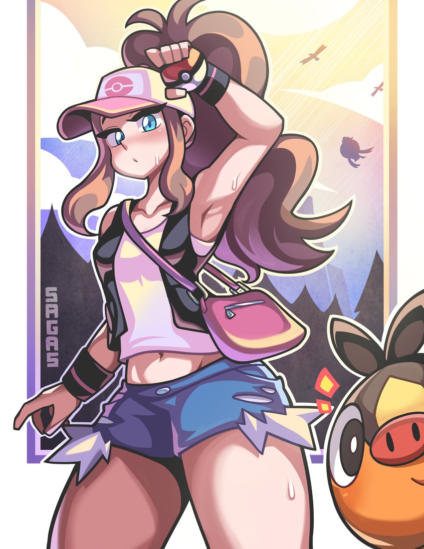 hilda, tepig, wingull, and drifblim (pokemon and 1 more) drawn by sagas293