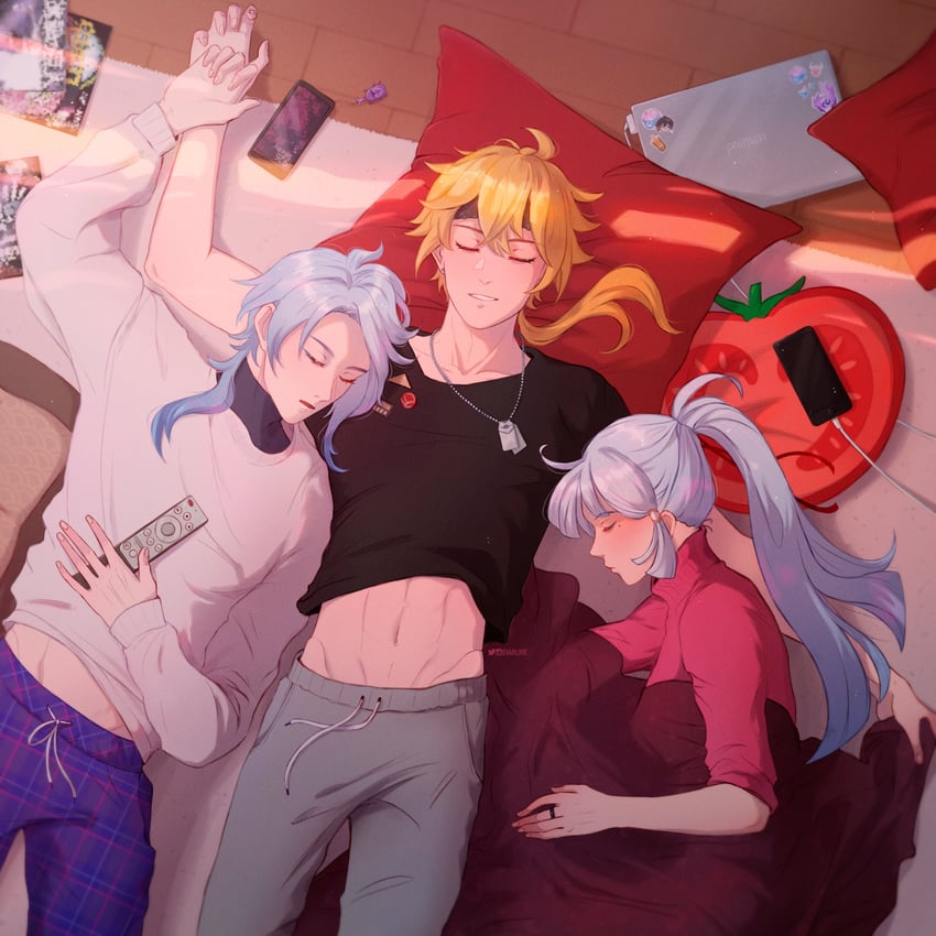 zhongli, kamisato ayaka, kamisato ayato, and thoma (genshin impact) drawn by evarlove