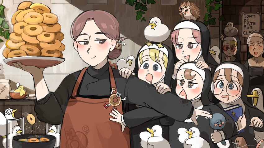 clumsy nun, froggy nun, spicy nun, sheep nun, glasses nun, and 2 more (little nuns) drawn by diva_(hyxpk)