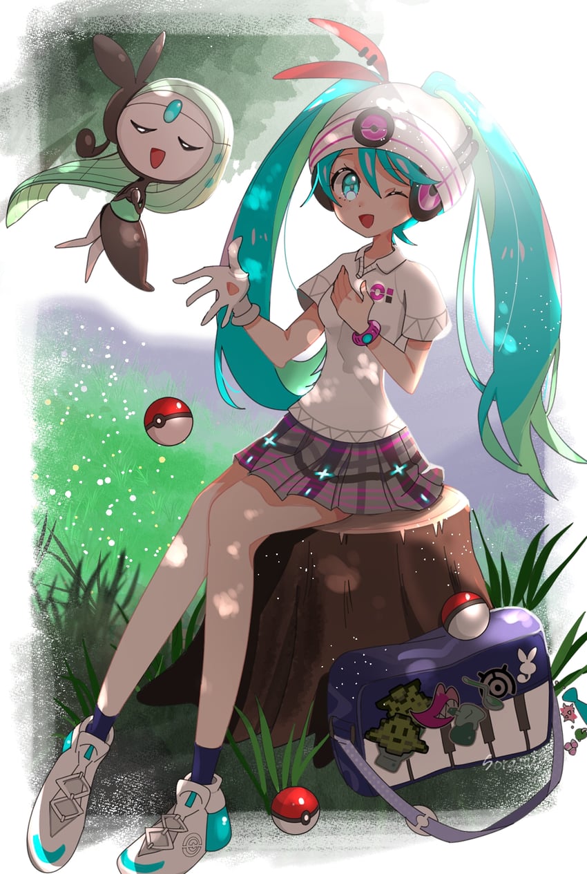 hatsune miku, meloetta, and psychic miku (pokemon and 2 more) drawn by sorami