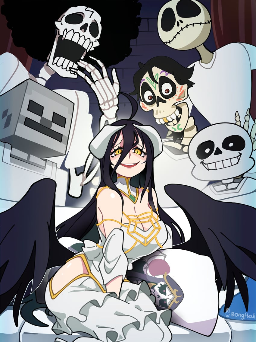 sans, albedo, brook, ainz ooal gown, hector rivera, and 2 more (one piece and 5 more) drawn by bongfill