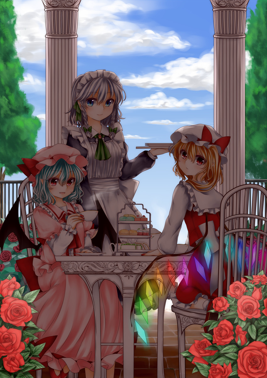 remilia scarlet, flandre scarlet, and izayoi sakuya (touhou) drawn by posoposo