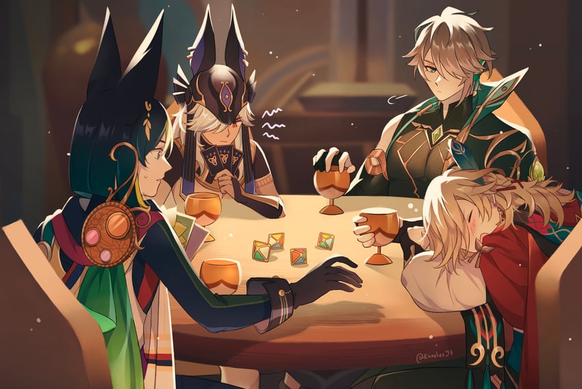 alhaitham, tighnari, kaveh, and cyno (genshin impact) drawn by kuro_lee