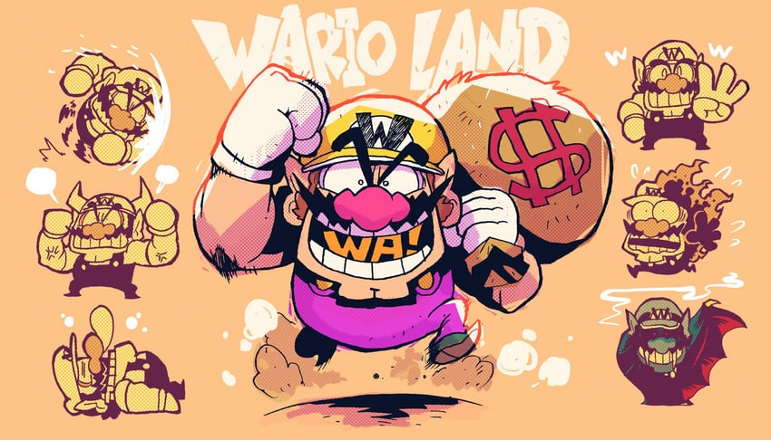 wario, flaming wario, bull wario, and vampire wario (mario and 4 more) drawn by rariatto_(ganguri)