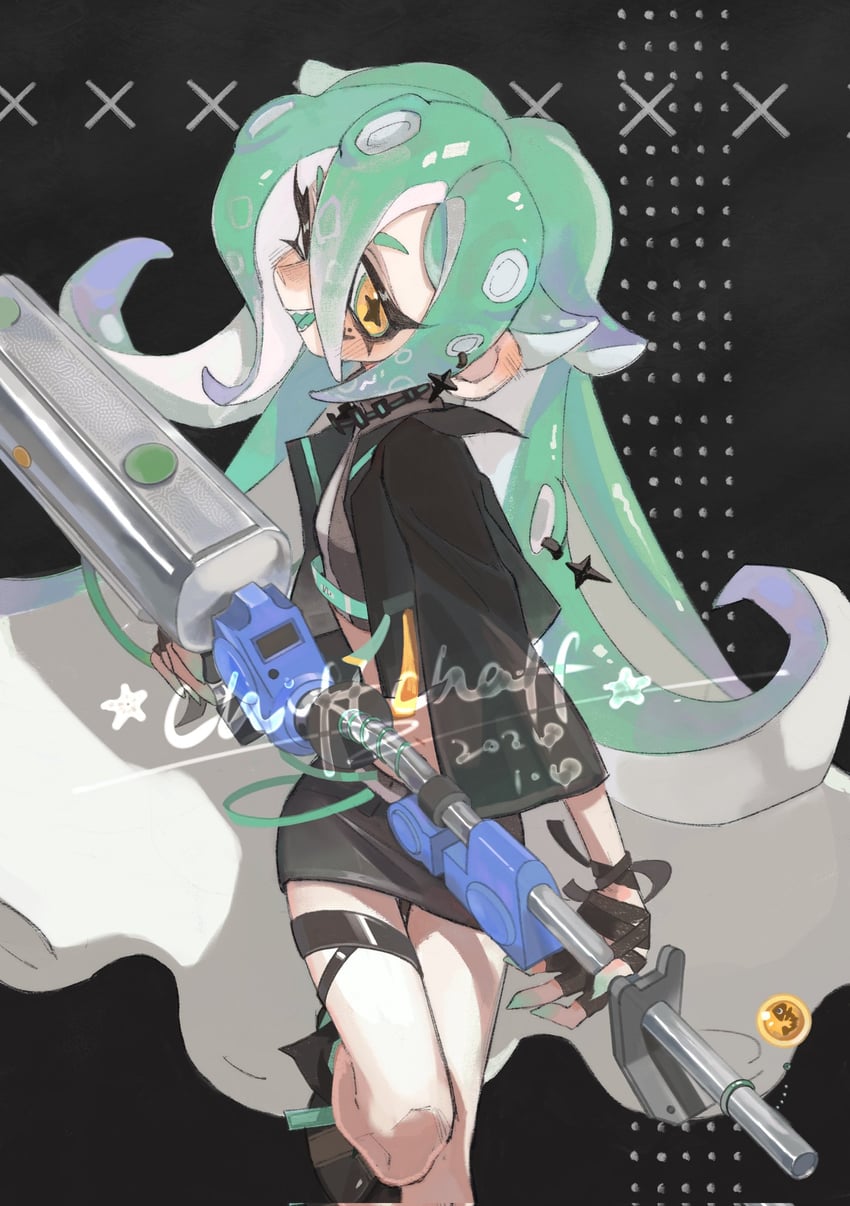 octoling player character and octoling girl (splatoon and 1 more) drawn by cyrenaci
