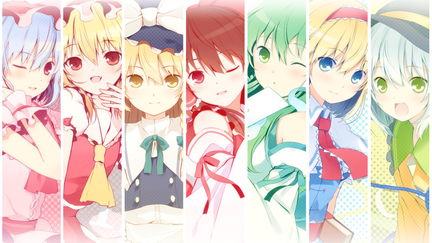 hakurei reimu, kirisame marisa, remilia scarlet, flandre scarlet, kochiya sanae, and 2 more (touhou) drawn by 6u_(eternal_land)
