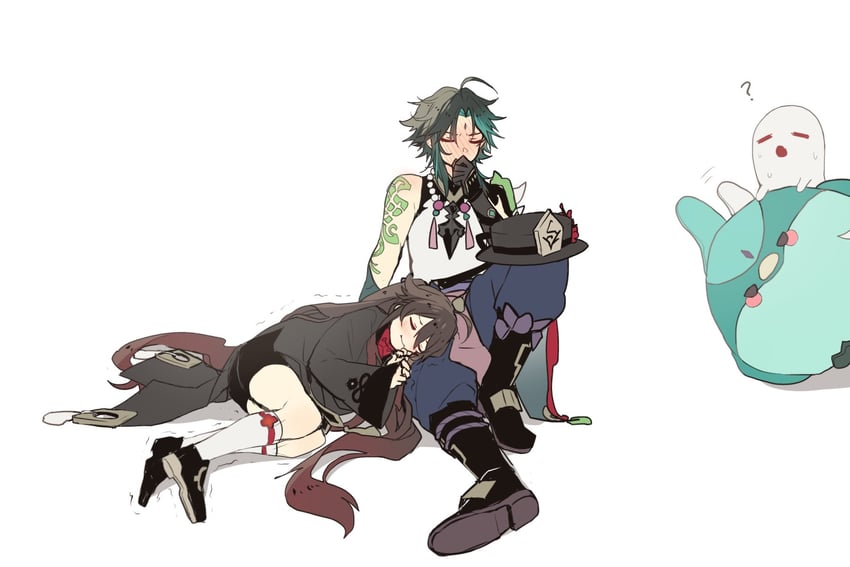 hu tao, xiao, and boo tao (genshin impact) drawn by hoshiyui_tsukino
