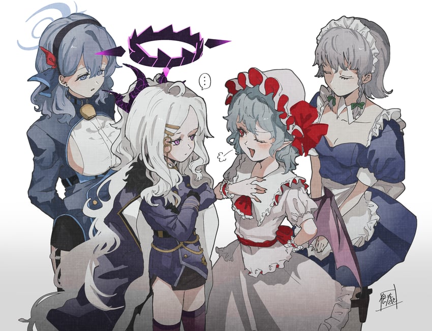 remilia scarlet, izayoi sakuya, hina, and ako (touhou and 1 more) drawn by sokura_(mochichitose)