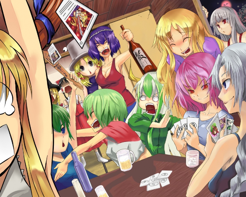 hakurei reimu, kirisame marisa, konpaku youmu, yakumo yukari, fujiwara no mokou, and 11 more (touhou) drawn by aryus