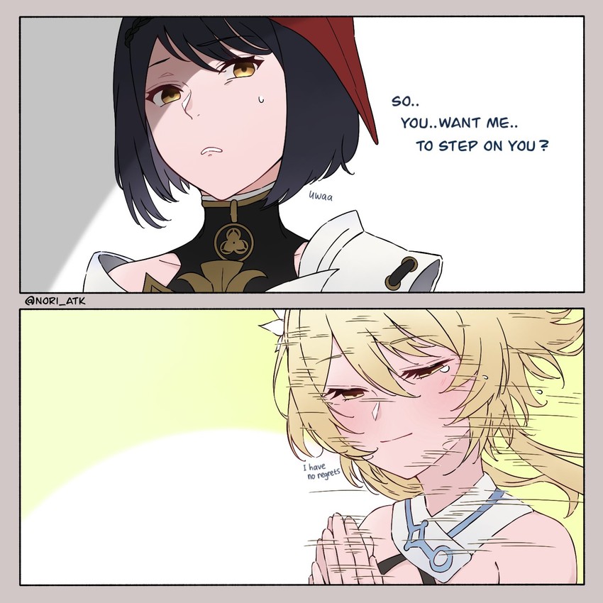 lumine and kujou sara (genshin impact) drawn by nori_atk