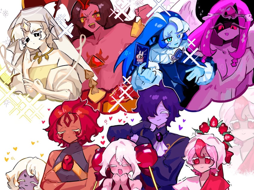 shadow milk cookie, eternal sugar cookie, candy apple cookie, mystic flour cookie, black sapphire cookie, and 4 more (cookie run and 1 more) drawn by on2_889s