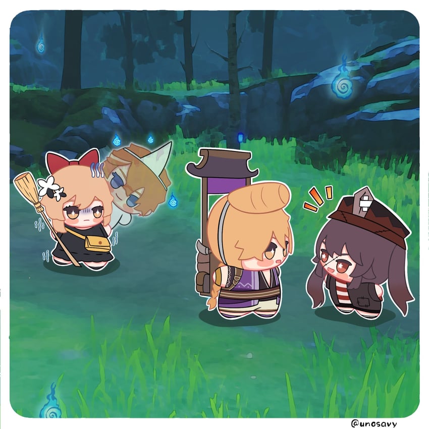 lumine, hu tao, aether, and tartaglia (genshin impact) drawn by unosavy