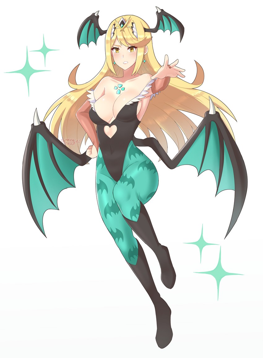 mythra and morrigan aensland (xenoblade chronicles and 2 more) drawn by sarukaiwolf