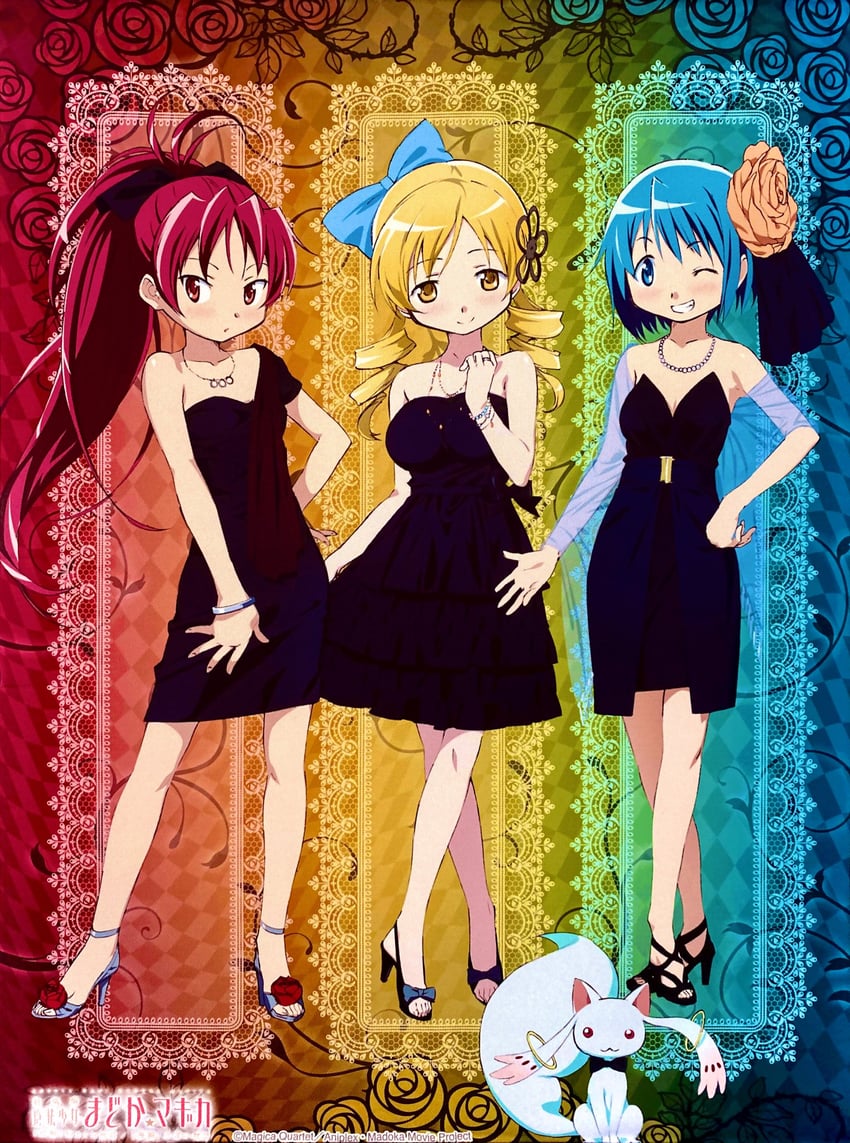 miki sayaka, sakura kyoko, tomoe mami, and kyubey (mahou shoujo madoka magica)