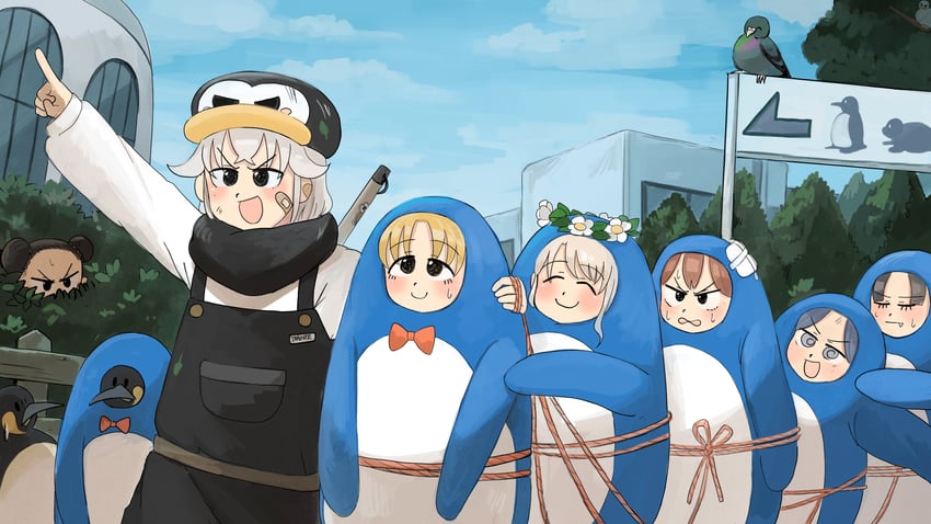 penguin keeper, survey girl, penguin fan, lion shirt boy, capybara keeper, and 1 more (zookeepers) drawn by diva_(hyxpk)