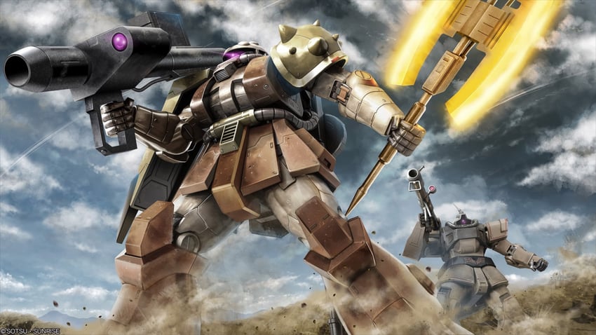 desert zaku and dom tropical test type (gundam and 3 more) drawn by tenjin_hidetaka