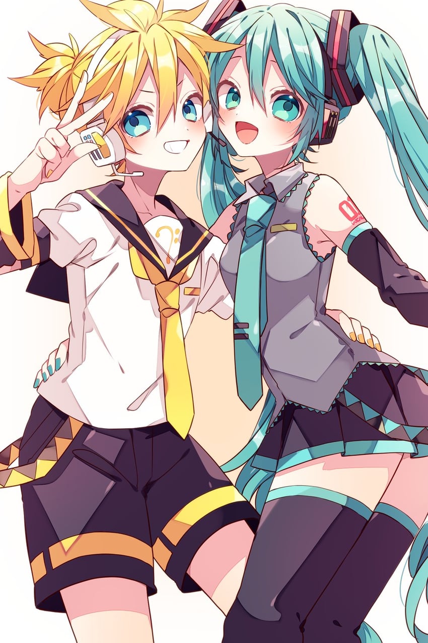 hatsune miku and kagamine len (vocaloid) drawn by kaho_0102