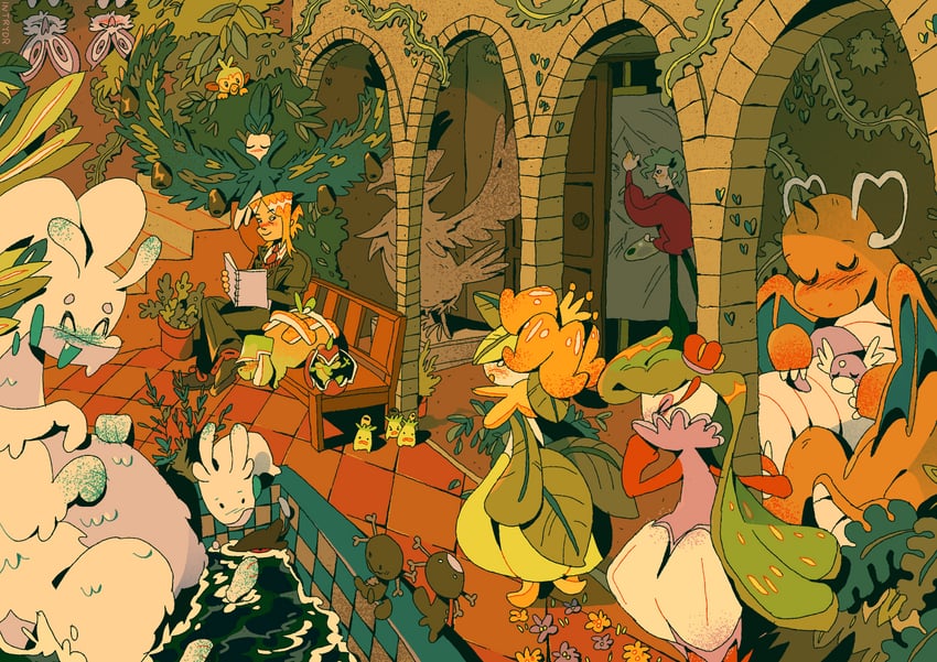 grookey, dragonite, goomy, lilligant, goodra, and 12 more (pokemon and 1 more) drawn by intrydr