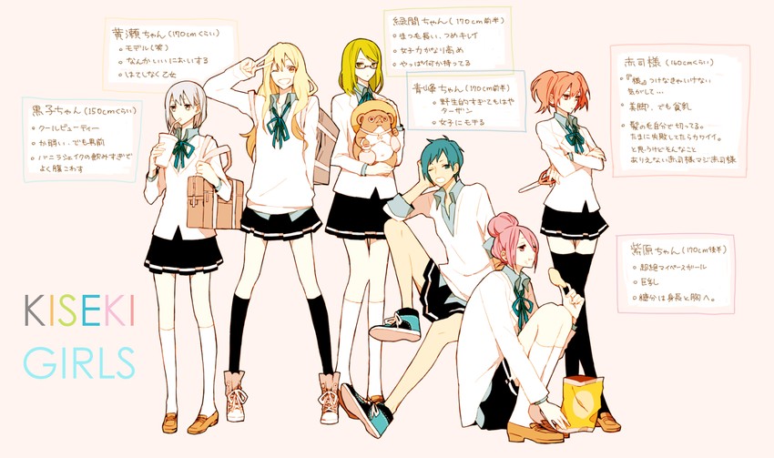 kuroko tetsuya, aomine daiki, kise ryouta, akashi seijuurou, midorima shintarou, and 1 more (kuroko no basuke) drawn by hoshiko_(shu-kuri-mu)