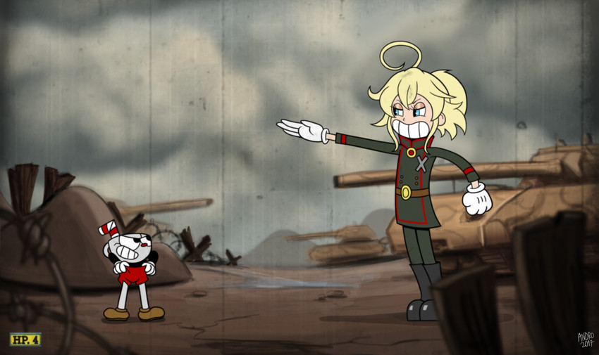 tanya degurechaff and cuphead (youjo senki and 1 more) drawn by andro_juniarto