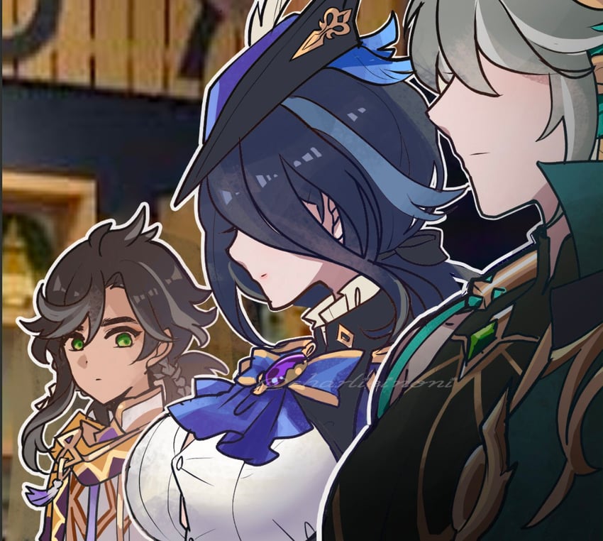 alhaitham, clorinde, and sethos (genshin impact) drawn by charlieinoni
